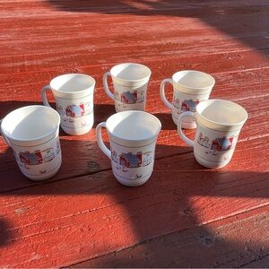 Arcopal France Vintage Milk Glass 8 Oz Farmhouse Scene Set Of Six Mugs